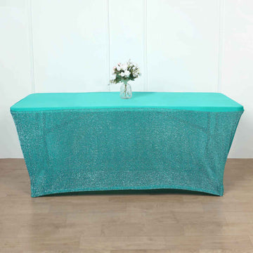 Ruffled Metallic Turquoise Spandex Table Cover With Plain Top, Rectangular Fitted Tablecloth 6ft