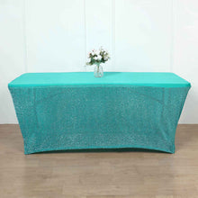 6 Feet Turquoise Fitted Table Cover Metallic Shimmer Spandex With Plain Top Rectangular 
