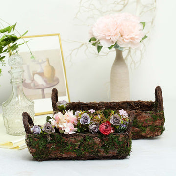 Set of 2 Rustic Log Shaped Preserved Moss Planter Boxes, Flower Baskets With Handle 13", 15"
