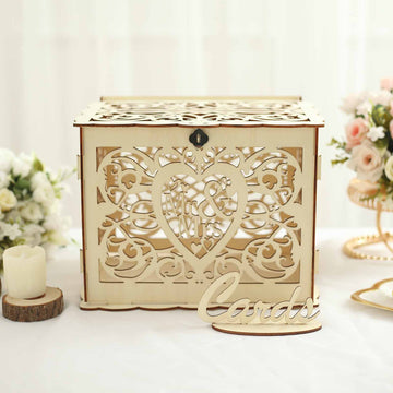 Rustic Natural DIY "Mr. & Mrs." Wedding Card Box With Label Stand, Hollow Laser Cut Wooden Money Box - 12"x9"