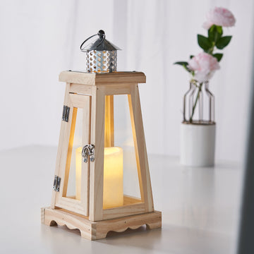 Rustic Wood and Glass Patio Candle Lantern Centerpiece - Natural Wood