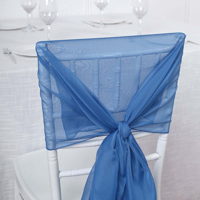 Blue chair sash draped elegantly on a white chiavari chair.