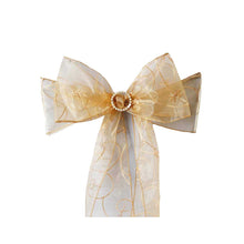 Organza & chiffon chair sashes in gold color, shaped like a bow with a pearl ring