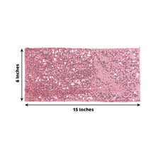 Glittering sequined spandex pink table runner with measurements of 6 inches and 15 inches