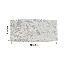 Glittering silver sequined table runner with measurements of 6 inches and 15 inches
