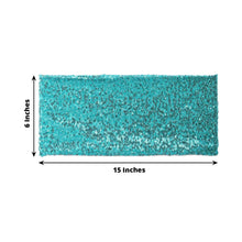 Glittering and spandex fitted turquoise sequined fabric with measurements of 6 inches and 15 inches