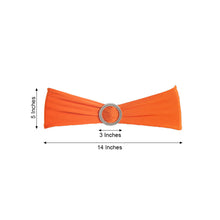 Orange spandex fitted chair sash napkin ring with measurements of 5 inches and 3 inches
