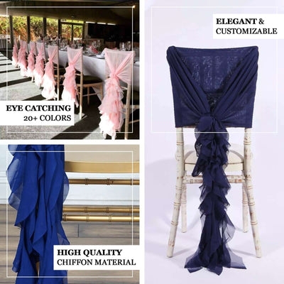 Elegant navy chiffon chair sash with ruffle design, customizable in 20+ colors.