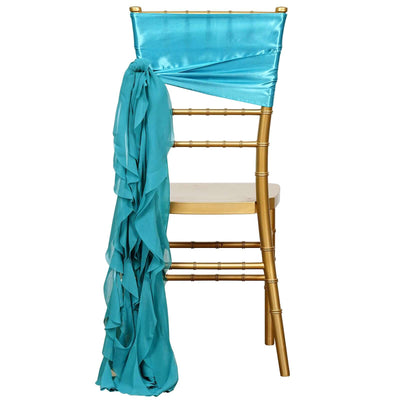 Gold chiavari chair with turquoise satin sash draped elegantly.
