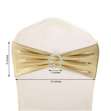 A Metallic Champagne Metallic Spandex Sash with a Rhinestone Ring measures 5 inches and 14 inches