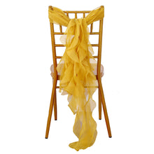 Mustard Yellow Chiffon Scarf Tied Around Chiavari Chair Slip Covers, Organza & Chiffon Chair Sashes