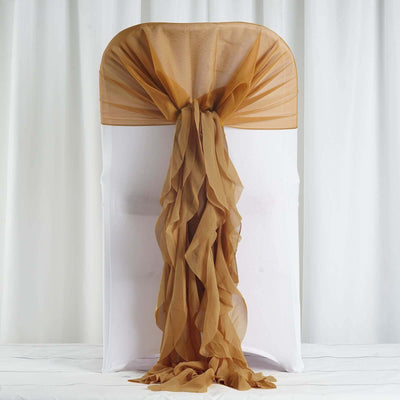 Chair cover with flowing golden fabric draping elegantly.