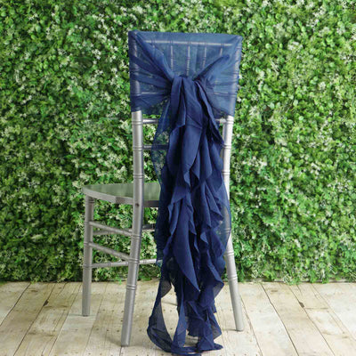 Navy chair sash draped elegantly over a silver chiavari chair.