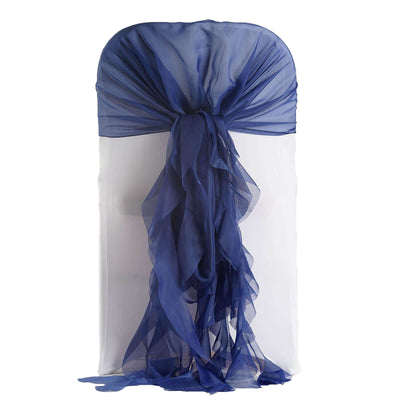 Navy blue chiffon chair sash with flowing drapes