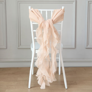 Elegant Nude Chiffon Hoods With Ruffles - Perfect for Wedding Chair Decor