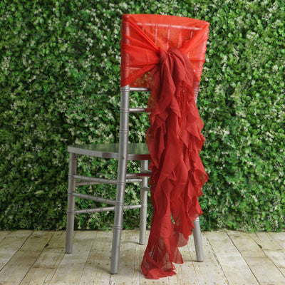 Red chair sash with ruffled design, perfect for event decor.