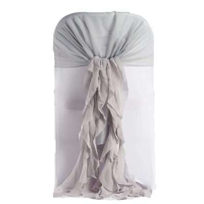 Elegant grey chair cover with flowing ruffles for event decor