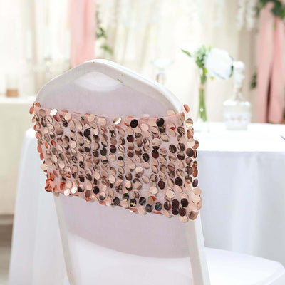 Rose gold sequin chair cover for elegant event decor.