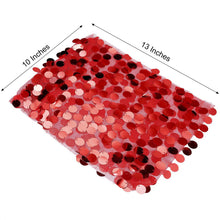 Glittering red Payette Sequins on Mesh sheet with measurements of 10 inches and 13 inches