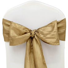 Satin & Taffeta Chair Sashes on a White Chair with a Gold Bow#whtbkgd