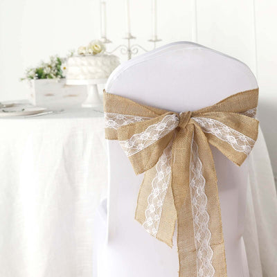Burlap and lace chair ribbon decor for elegant event styling.