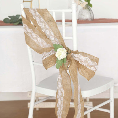 Burlap chair sash with lace and flower decoration for weddings or events.