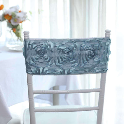 Blue rose-patterned chair cover on a white chair in a bright setting.