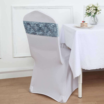Elegant white chair cover with blue floral accent, styled for dining.