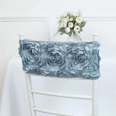 Blue floral chair cover with textured rose design.