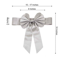 Stylish silver satin & faux leather bow with measurements of 15-17 inches and 3 inches
