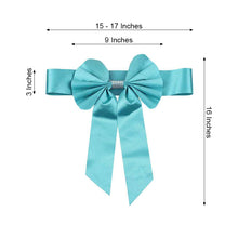 Turquoise satin & faux leather bow with measurements of 15-17 inches and 16 inches