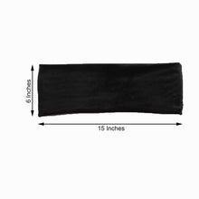 A black velvet headband with measurements of 6 inches and 15 inches