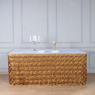 Glamorous Gold Rosette 3D Satin Table Skirt for Stunning Event Decor