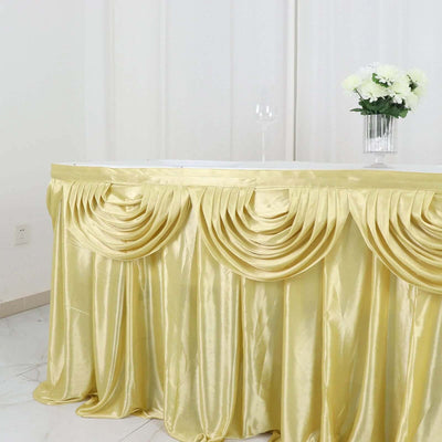 Elegant gold table skirt draping for events and gatherings.