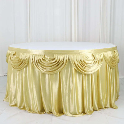Gold satin table skirt draped elegantly around a round table