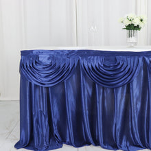 14 Feet Navy Blue Satin Table Skirt Double Drape Pleated Style