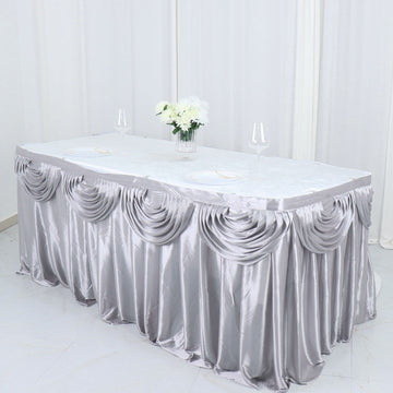 Add Elegance to Your Event with the Silver Pleated Satin Table Skirt