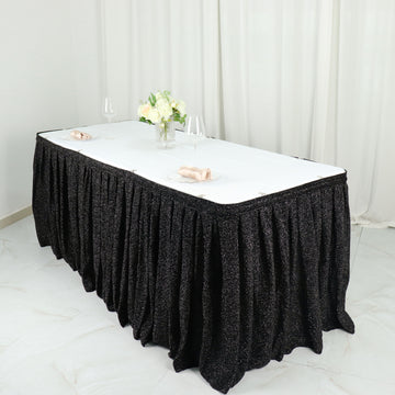 Add a Touch of Opulence with the Black Metallic Shimmer Tinsel Spandex Pleated Table Skirt