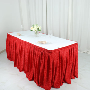 Create a Regal Atmosphere with the Red Metallic Shimmer Tinsel Table Skirt