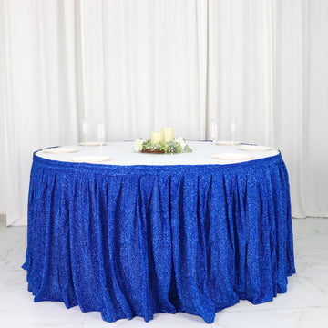 Elevate Your Event Decor with the Royal Blue Metallic Shimmer Tinsel Spandex Pleated Table Skirt