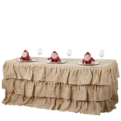 Burlap tablecloth with ruffled design for elegant dining setup