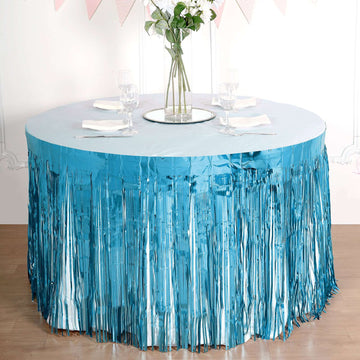 Create a Vibrant Atmosphere with the Blue Metallic Foil Fringe Table Skirt