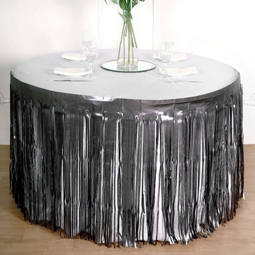 Enhance Your Event Decor with the Matte Charcoal Gray Metallic Foil Fringe Table Skirt