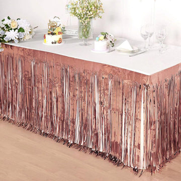 Add a Touch of Elegance with the Rose Gold Metallic Foil Fringe Table Skirt