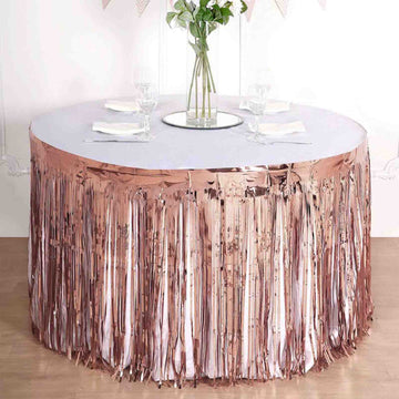 Enhance Your Event Decor with the Rose Gold Tinsel Table Skirt