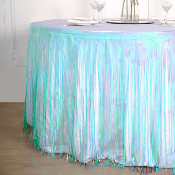 Add a Touch of Elegance with the Iridescent Blue Metallic Foil Fringe Table Skirt