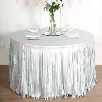 Add a Pop of Color and Charisma with the Iridescent Lavender Lilac Metallic Foil Fringe Table Skirt