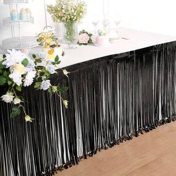 Enhance Your Event Decor with the Black Metallic Foil Fringe Table Skirt