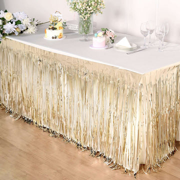 Add Sparkle to Your Event with the Champagne Metallic Foil Fringe Table Skirt