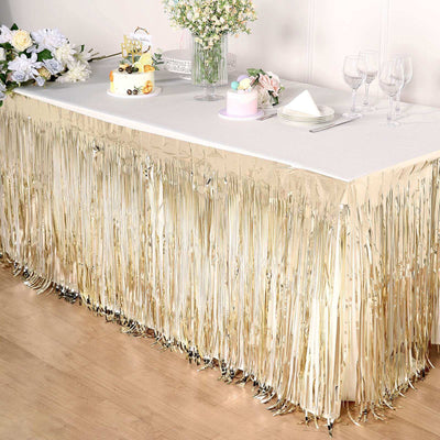 Gold fringe table skirt for party decorations